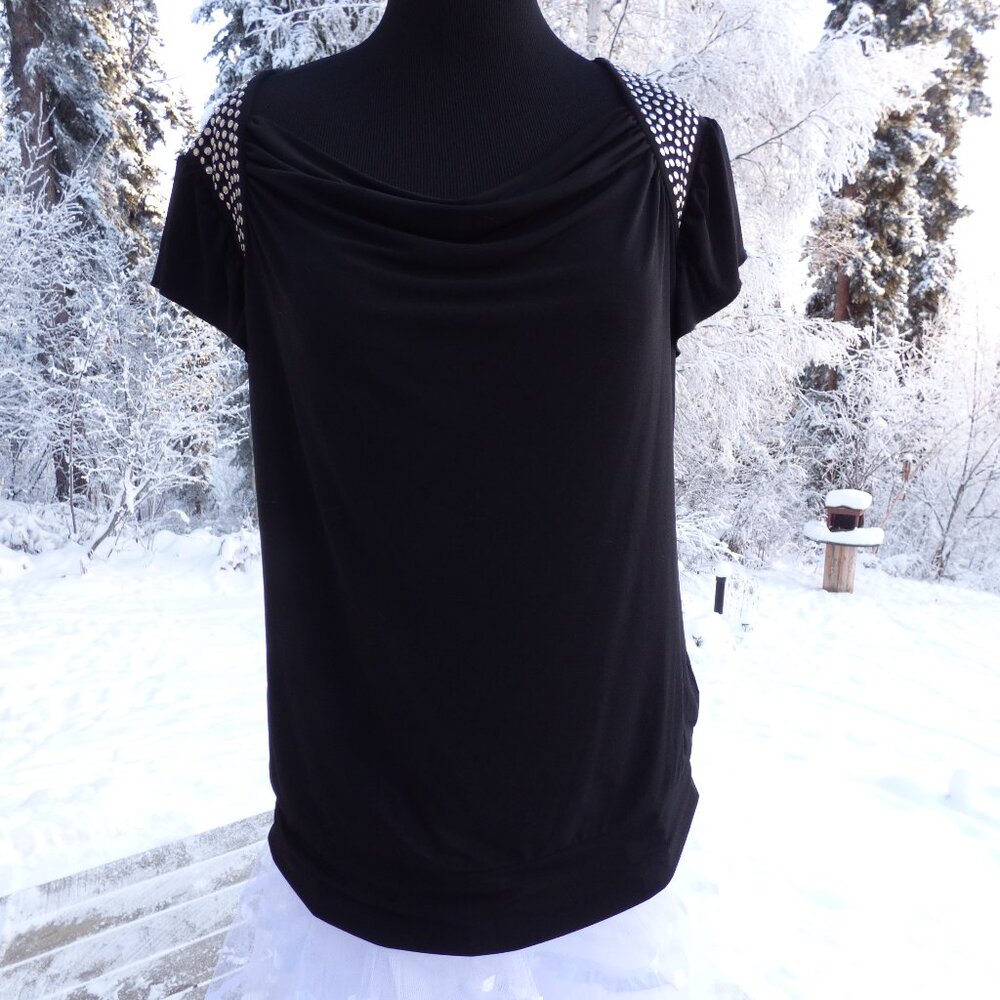 BLACK WITH SILVER STUDS GOTH WEDDING WATERFALL FRONT NECK SHIRT XL NWOT